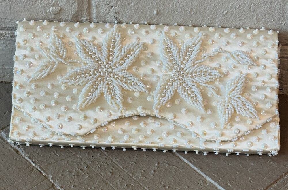 Vintage Ivory Beaded Satin Evening Clutch Hand Beaded Pearl & Sequin Starburst